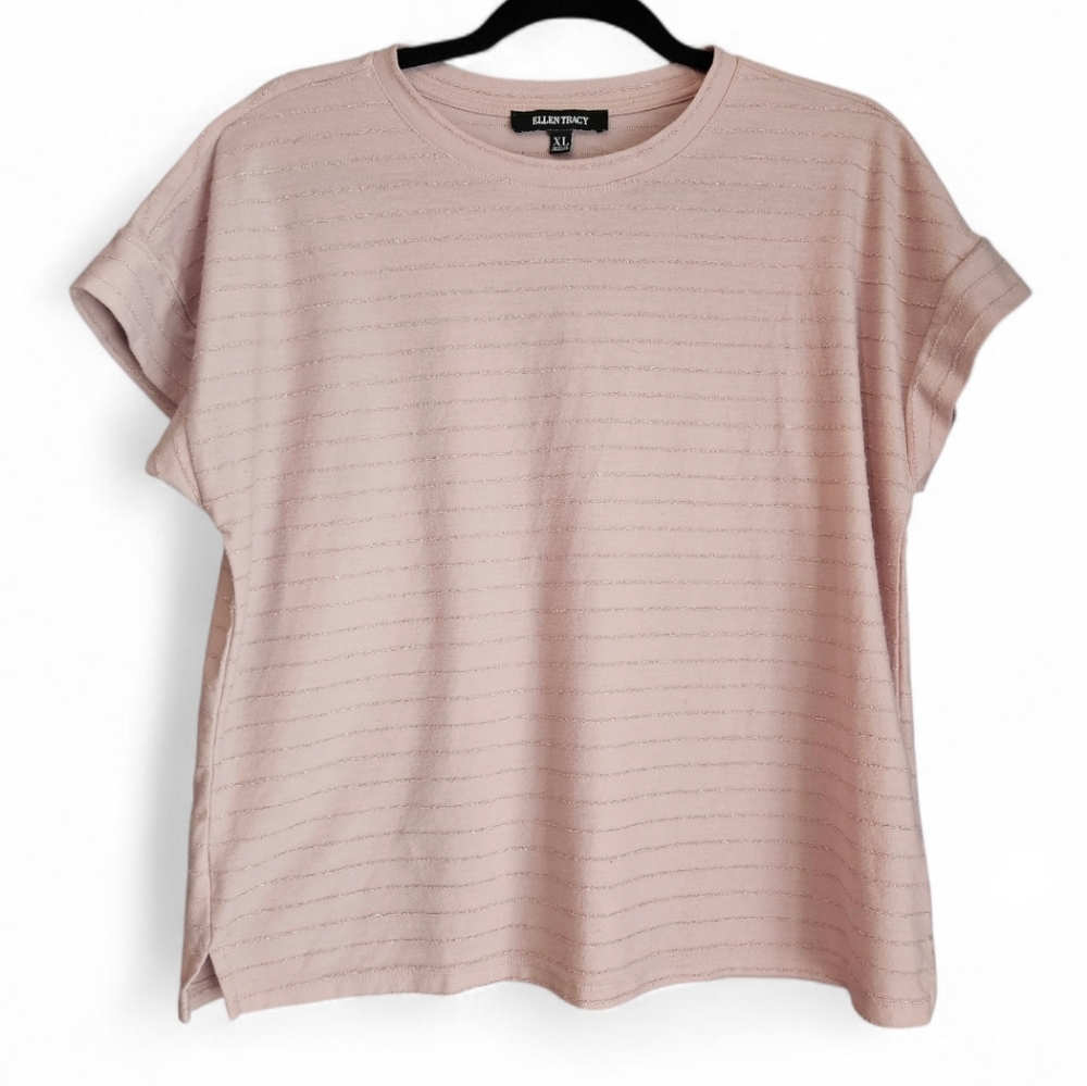 Ellen Tracy XL Mauve & Gold Metallic Striped Short Sleeve Top
